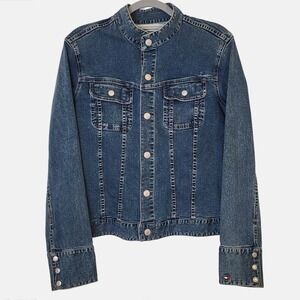 Vintage Y2K Tommy Hilfiger Cropped Denim Trucker Jean Jacket Womens XL Stretch
